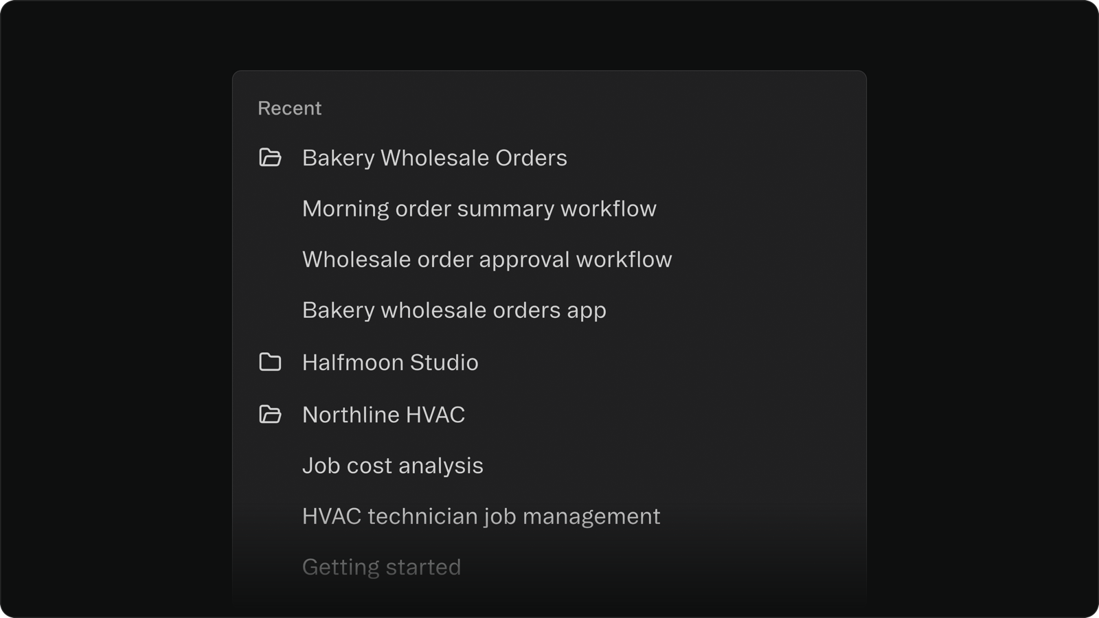 Recent chats in the sidebar, grouped under each project