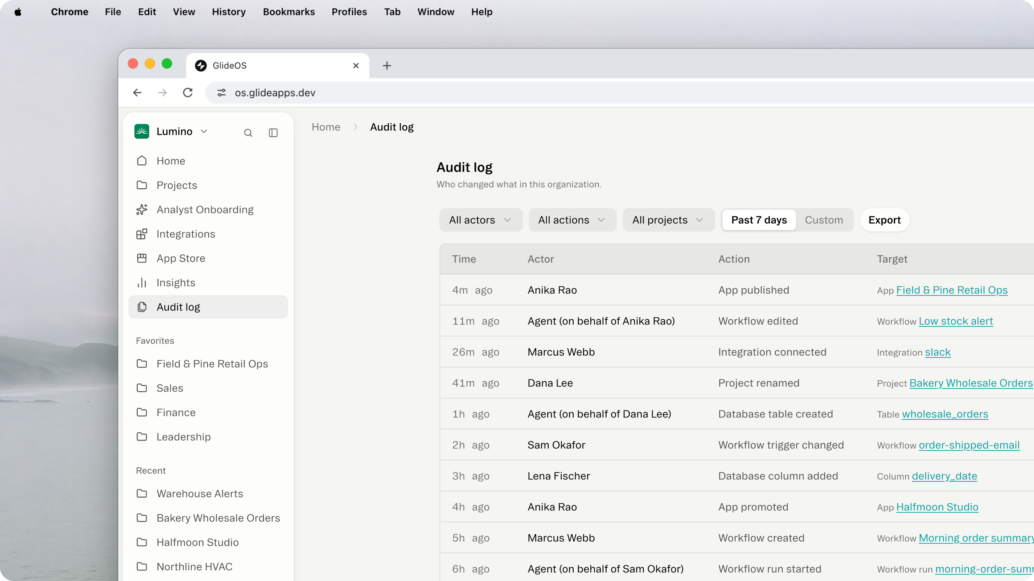 Audit log open from the organization sidebar in Glide, listing who changed what: an app published, a workflow edited by the agent, Slack connected, a project renamed